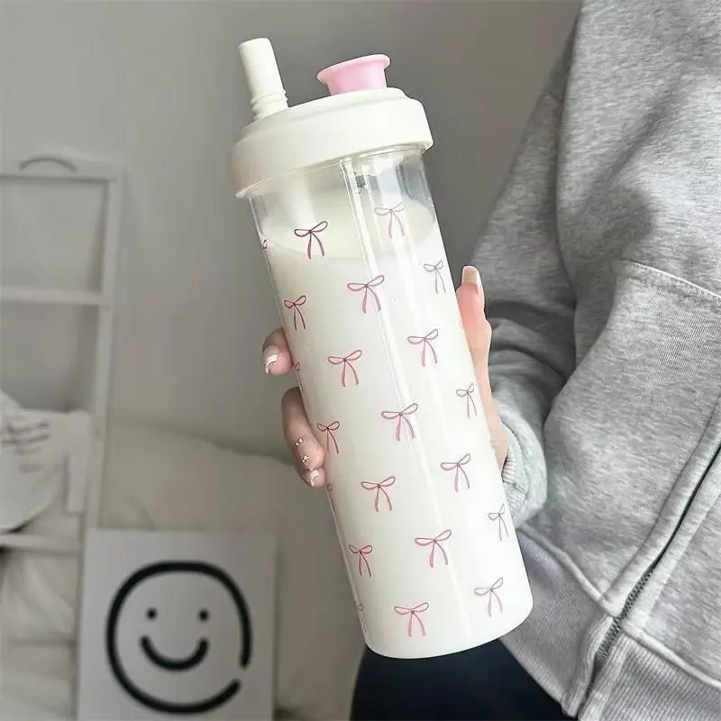 Multi style bow pink straw water bottle, 500/850ml, with lid, sweet, coffee foam, milk, tea, outdoor school plastic glass, drinking water bottle, Leakproof Water Bottles, Drinkware, Leakproof Tumbler, Hydration Bottle