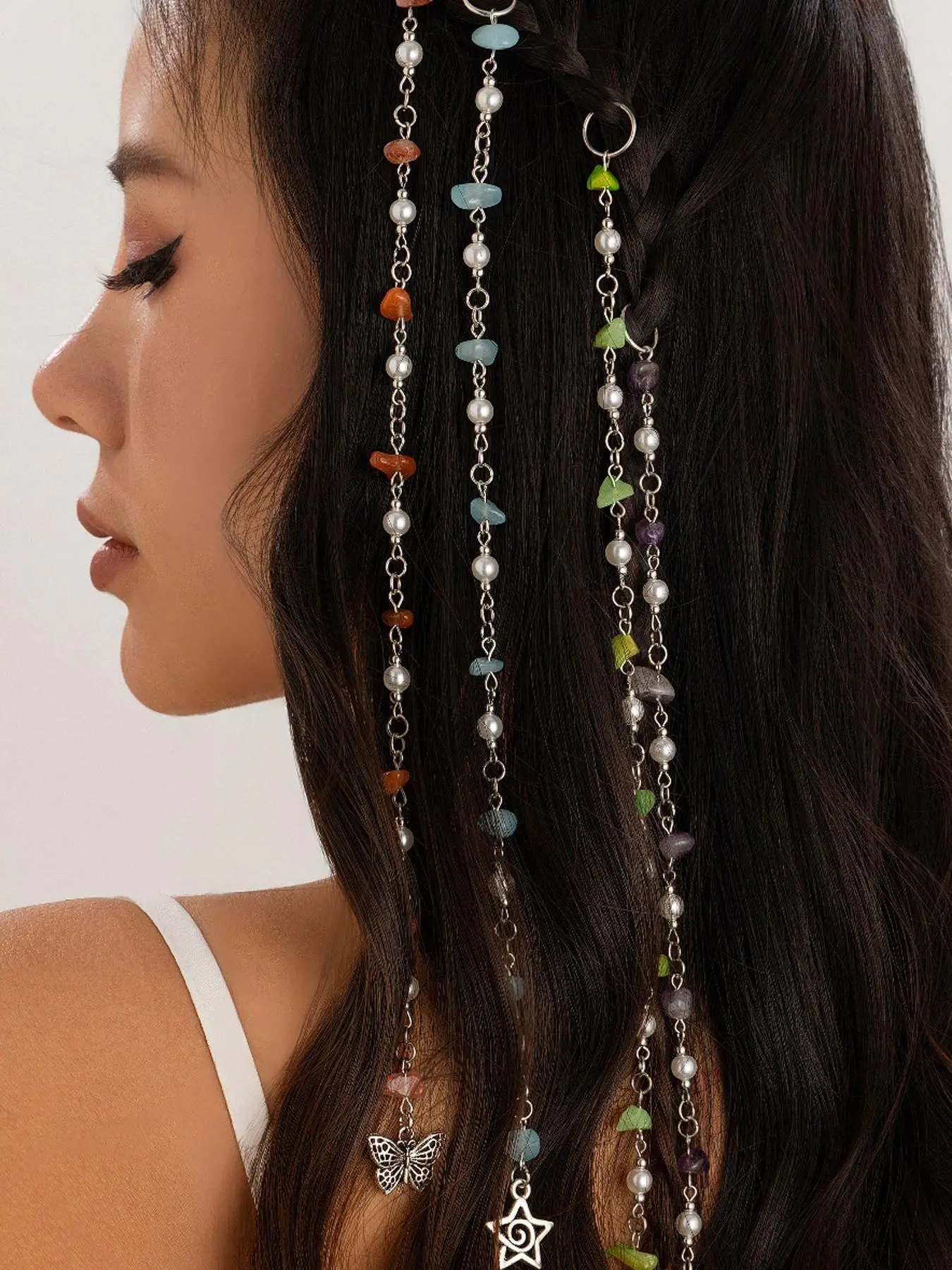 Boho Style Faux Pearl Decorated Hair Chain, Colorful Tassel Braided Hair Clip for Hair Braid, Punk Style Hair Accessories for Women & Girls, Pendant, Braid Hairstyles, Hair Jewelry