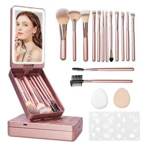 21Pcs Makeup Brush Set with LED Light Mirror Gift Set, Foundation Concealer Eyeshadow Brushes Kit, Portable Travel Makeup Tools for Women Teens Girls, Birthday Present
