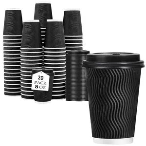20 Piece Insulated Ripple Cups Pack, 8oz Disposable Coffee Cups with Lids, Paper Cup for Hot Drinks, Office, Cafe, Party, Meeting, New Year, Party Supplies
