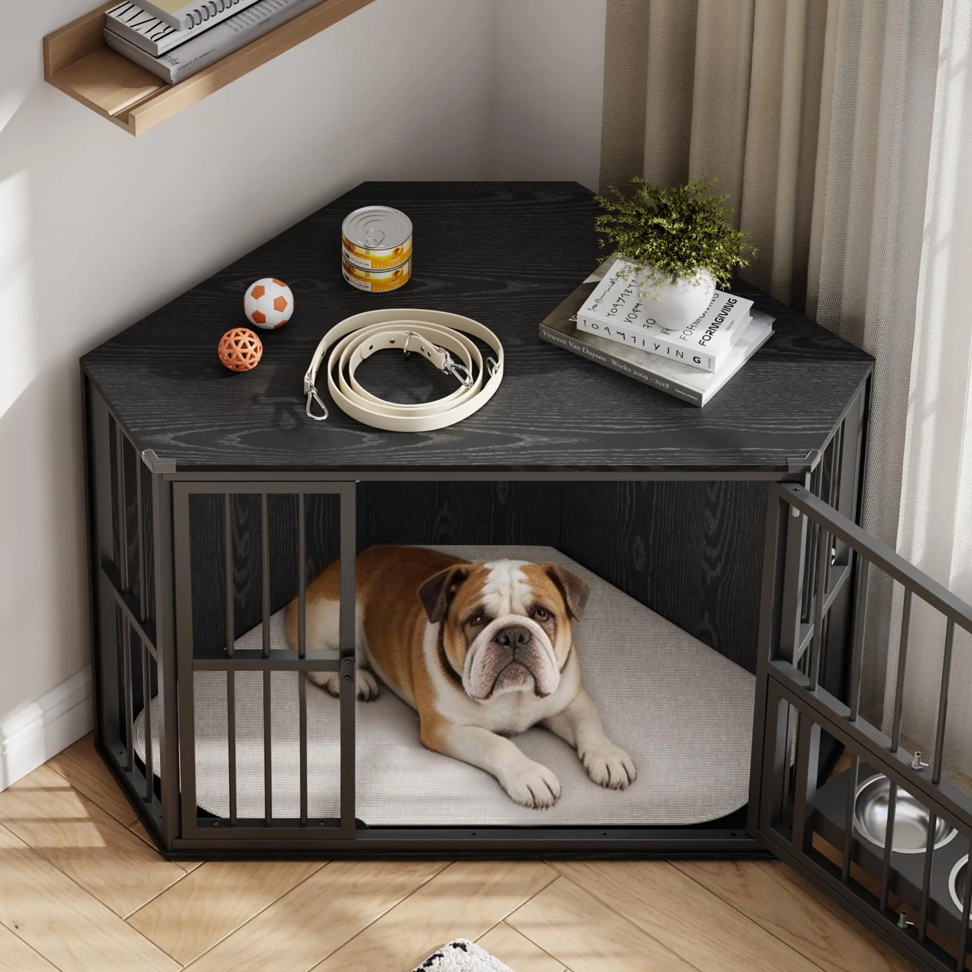 42.5" Corner Dog Crate Furniture, Wooden Dog Kennel Indoor with Feeding Bowls & Revolving Door, Decorative Dog Crate End Table for Small Dogs