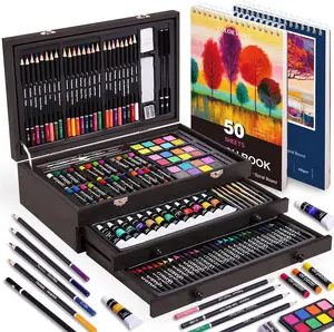 175 Piece Deluxe Art Set with 2 Drawing Pads Acrylic Paints Crayons Colored Pencils Paint Set in Wooden Case Professional Art Kit