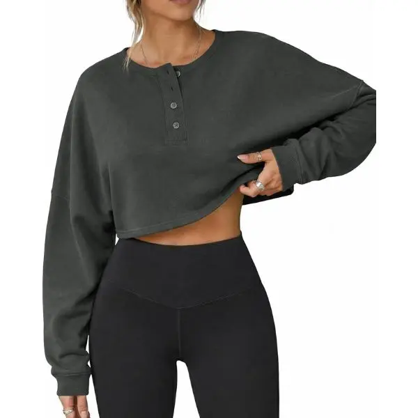 Fisoew Womens Long Sleeve Sweatshirt Tops Cropped Henley Neck Loose Fit Casual Workout Pullover Tee Shirts Fall Fashion,back to school,back to school shopping,clothes for back to school,first day of school outfits