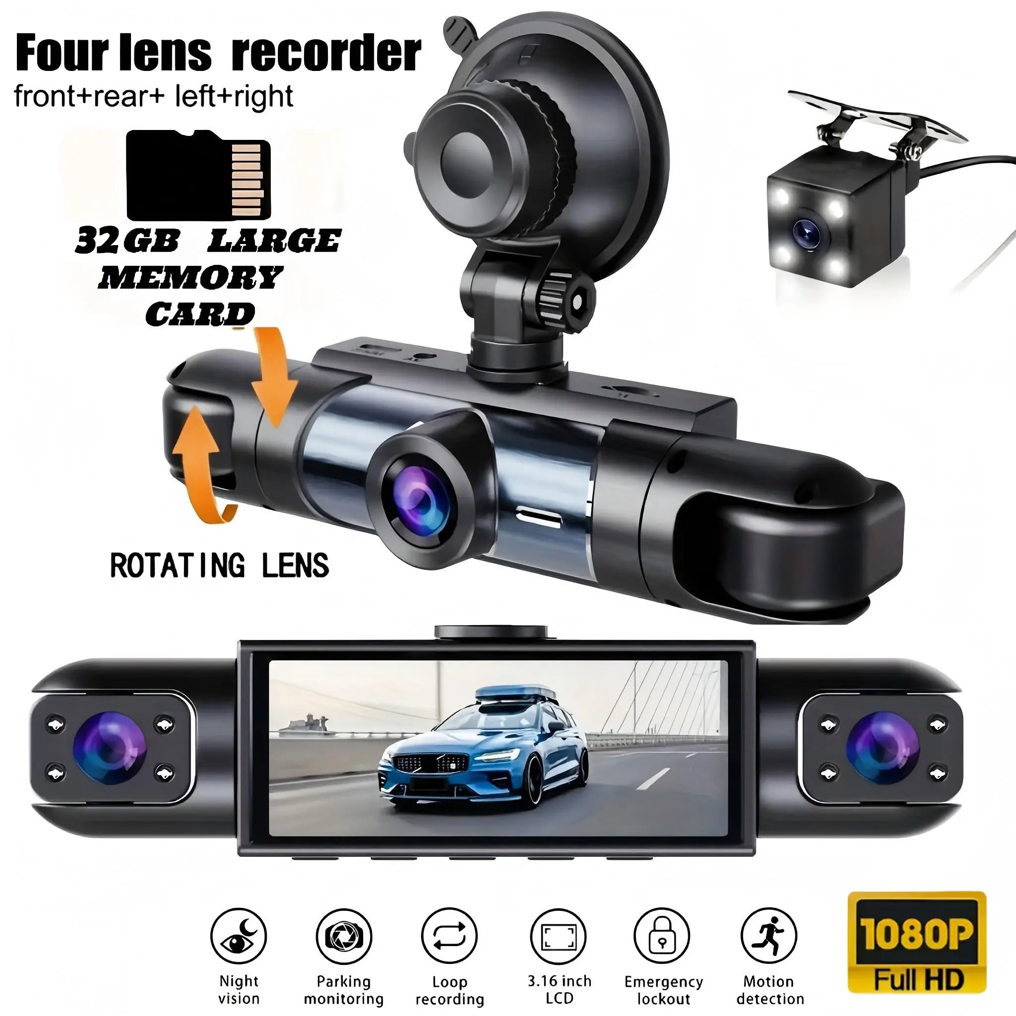 Nuokaiqi 4-Channel Car-Mounted Camera - 1080P Front, 720P Left/Right/Rear, Night Vision, Loop Recording, HD Driving Recorder, Car Interior Accessory, Cars