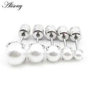 Alisouy 2PCS Surgical Stainless Steel 4 Prong Pearl Zircon CZ Women Men Girl Ear Stud Cartilage Screw Earrings Piercing Jewelry