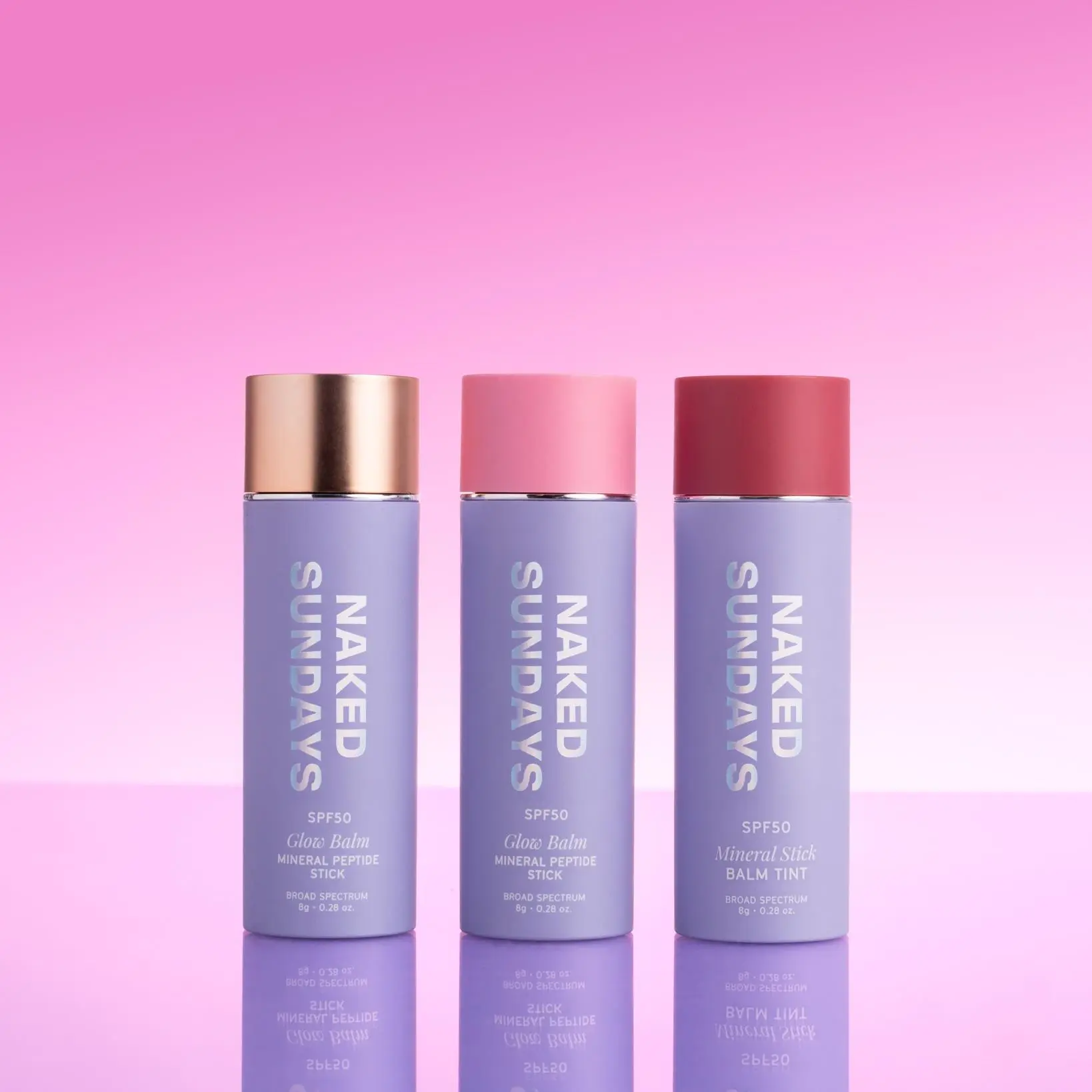 Naked Sundays SPF50 Glow Balm Mineral Peptide Stick Blushes in Pink Pop, Dusty Rose, Bronze