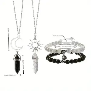 4PCS Magnetic Bracelets For Couples Adjustable Distance Bracelet For Couples Friendship Best Friend Boyfriend And Girlfriend Vintage Love Magnet Attraction Necklace Romantic Stone Beads Charm Bracelets For Graduation Valentine's Day Couple Bracelets Gift