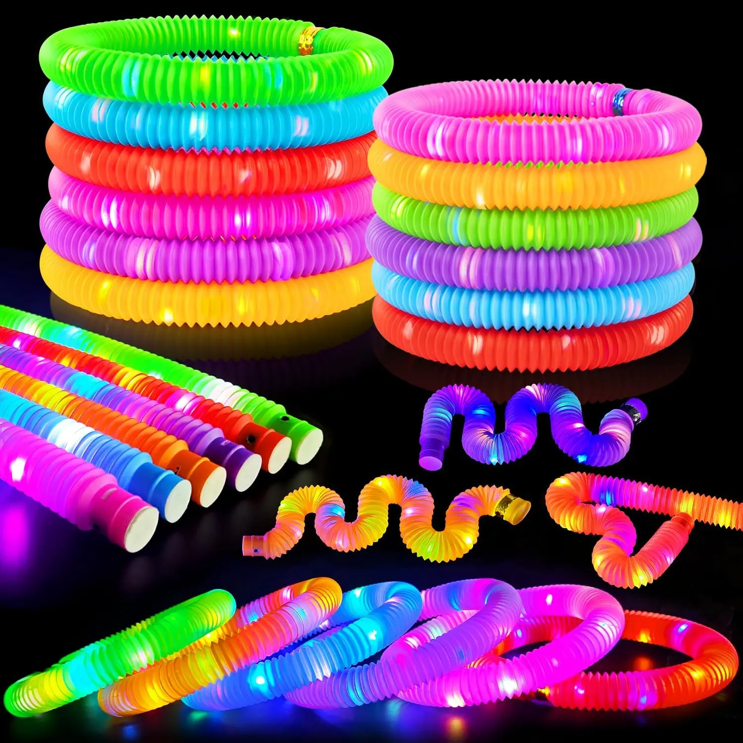SHQDD 24pcs LED Flashing Lights Glow Stick Pop Tubes for Children 4-8, Colorful Gag Toys & Practical Jokes, Adjustable Modes (Fast-Slow-Stable), Halloween Class Gifts, Party Favors & Goodie Bag Fillers