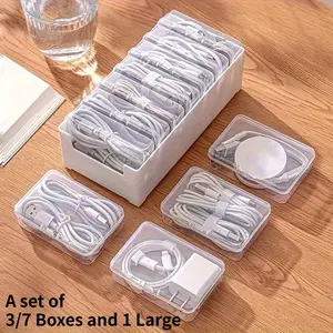1 Set Of 3/7 Boxes Data Cable Storage Box Artifact Charging Cable Mobile Charger Organizer Winder Desktop Cable Management Box, Clear Storage Box, HEROBABY