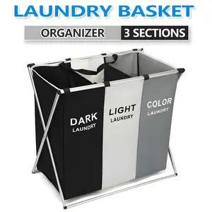 118L Standard Rectangular Clothes Basket Organizer, 3-Section Collapsible Eco-Friendly Laundry Sorter Bin with 3 Grids, Floor-Mount Hamper for Home Bathroom Clothes Sorting