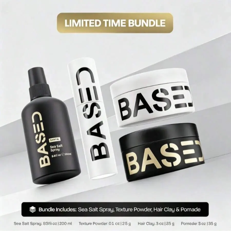 Premium BASED Ultimate Hair Styling Bundle For Men| Sea Salt Spray + Texture Powder + Hair Clay + Pomade| Non‑Toxic Long‑Lasting Hold For Straight & Wavy Hair, Complete Grooming Kit