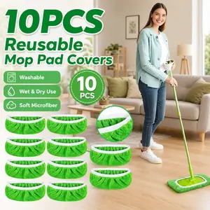 10-Pack Reusable Microfiber Mop Pad Covers, Microfiber Mop Refill, 10"×4.5" Elastic-Fit Replacement Pads, Microfiber Replacement Pads for Wet and Dry Cleaning, Hardwood, Tile and Laminate Floors, Green Reusable Pads for Home, Office Use