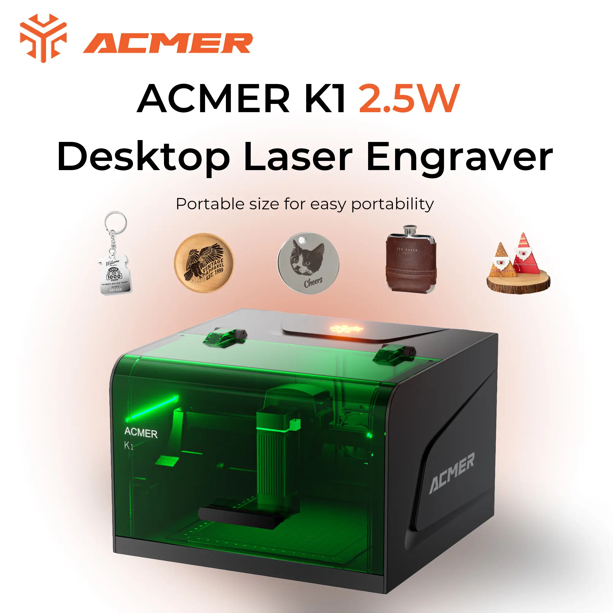 ACMER K1 2.5W Desktop Laser Engraver | 150×150mm Compact Work Area | 0.08mm Ultra-Fine Precision | DIY Crafts for Wood, Leather & Acrylic