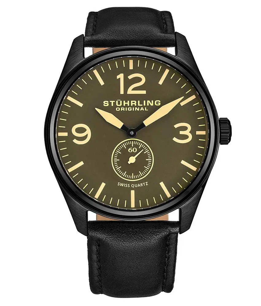 Men's Round Aviator Watch - Genuine Leather Strap, 42mm Case with Polished Bezel & Black Rubber Rim, Quartz Movement, 5 ATM Water Resistant, None