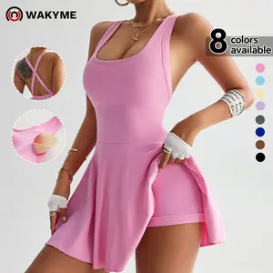 WAKYME Women's U-Neck Tummy Control Seamless Skort Sports Dress with Removable Padding & Backless Design, Womenswear Compression Fit Ribbed Fabric Tummy Control Casual & Elegance Tennis Skirt