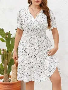 Plus Size Women's Polka Dot Waist Shirred Dress