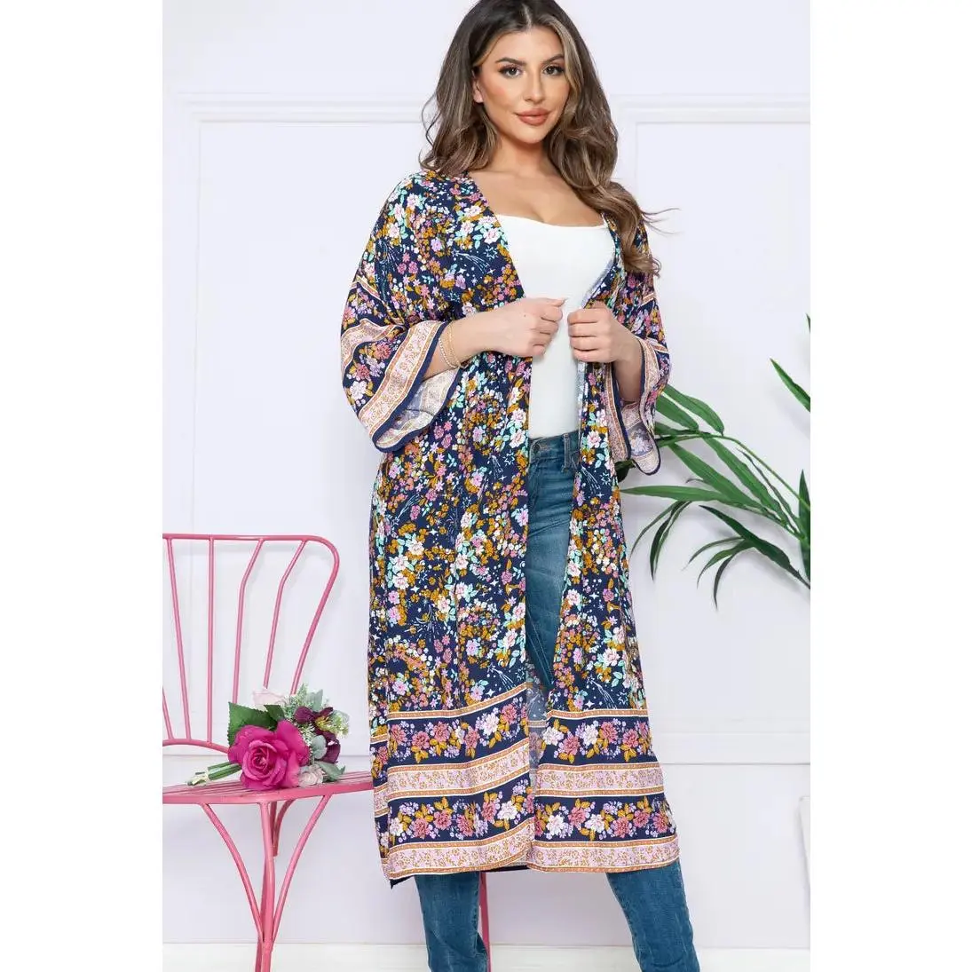 Pink Floral Long Duster Kimono | Soft Textured Women’s Layer
