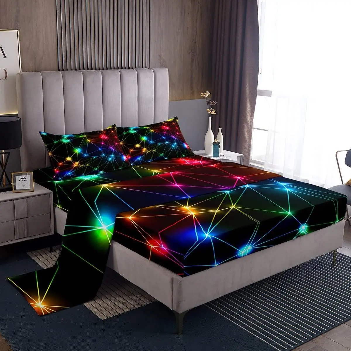 Rainbow Neon Lights Bed Sheet Set for Kids,Colorful Glowing Crossed Stripes (Not Glowing) Sheets Set,Geometric Modern Home Decor Sheet Set,with Deep Pocket,Top Flat Sheet,Multi 5