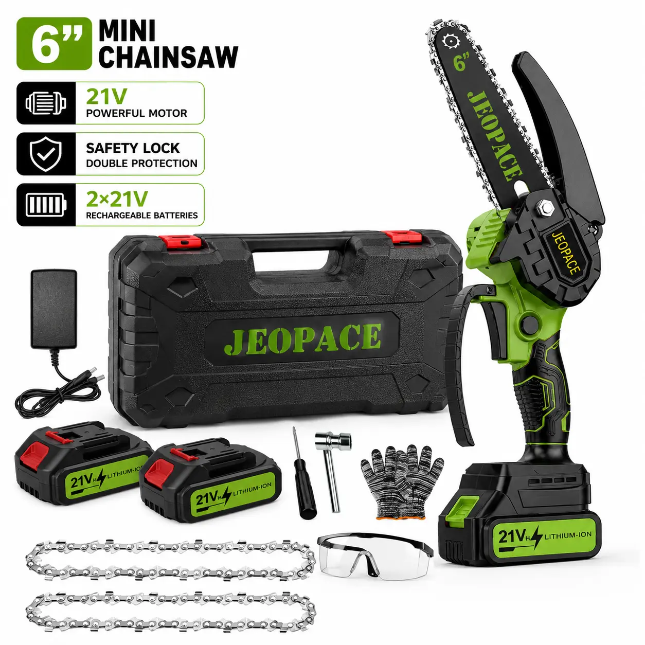 6-Inch Mini Cordless Chainsaw with 2 x 21V Rechargeable Batteries, Handheld Electric Saw with Safety Lock for Tree Trimming, Pruning & Wood Cutting