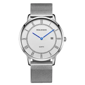 Men Slim Quartz Watch Silver Mesh Milan Strap White Roman Numeral Dial Date Business Wristwatch