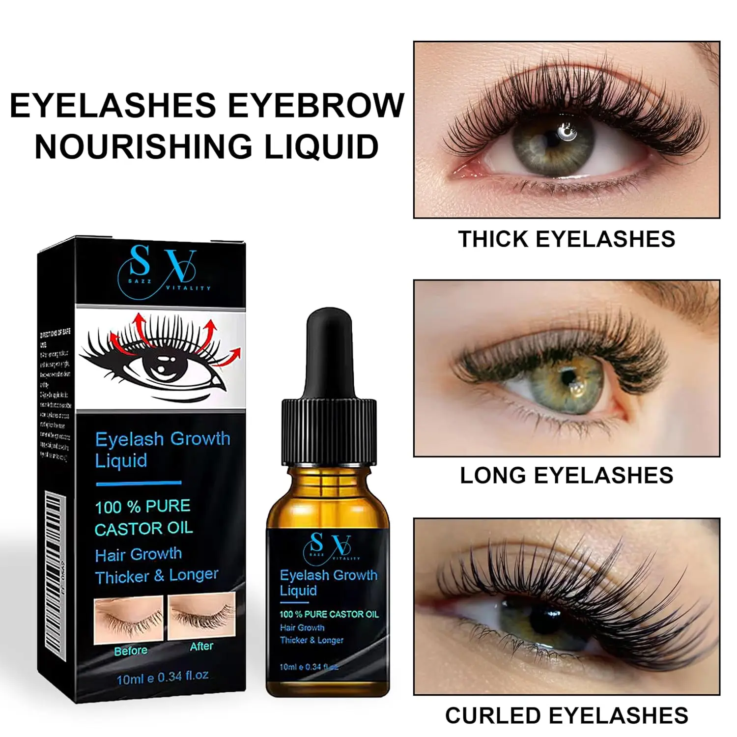 Eyelash & Eyebrow Serum with 100% Pure Castor Oil for Hair Growth - Nourishing Lengthening Formula for Fuller Lashes, 10ml Travel Size Amber Bottle, Liquid, Longer Lashes, Nightly Use, Thicker Lashes