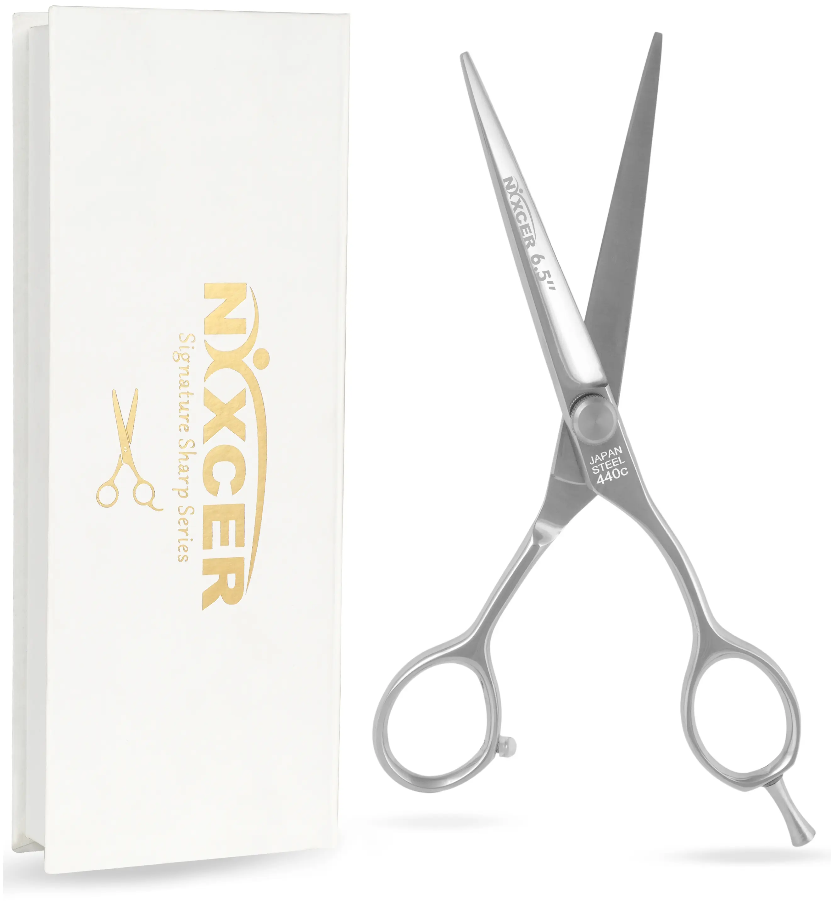 Nixcer Professional Scissors - 6.5" Korean Convex Edge Blade Hair Cutting Scissors C440 Japanese Steel, Featuring Long-Lasting Sharpness Silver.