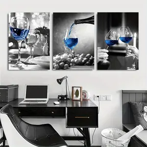 3pcs Wine Glass Canvas Paintings, Blue Trendy Style Wall Art, Vintage Black and White Canvas Art, Wine Glass Wrapped Canvas, Modern Yellow Wine Glass Canvas Prints, Suitable for Restaurant Wall Hanging, Home Decoration Gift Artistic Ornaments Room Photo