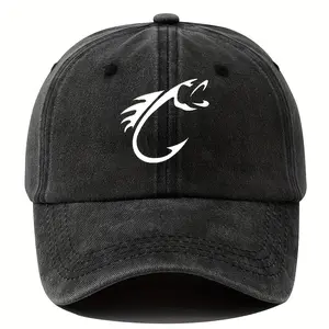 Vintage-Style Men's Baseball Cap with Cool White Fish Graphic - Adjustable, Washed Polyester Dad Hat for Outdoor Fishing & Hip Hop Fashion, Fishing Hat