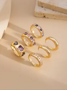 6 Piece Colorful Gemstone Stacking Rings Set, Gold Tone Multi-Color Gems, French Elegance Daily Wear, Luxurious Party Accessory