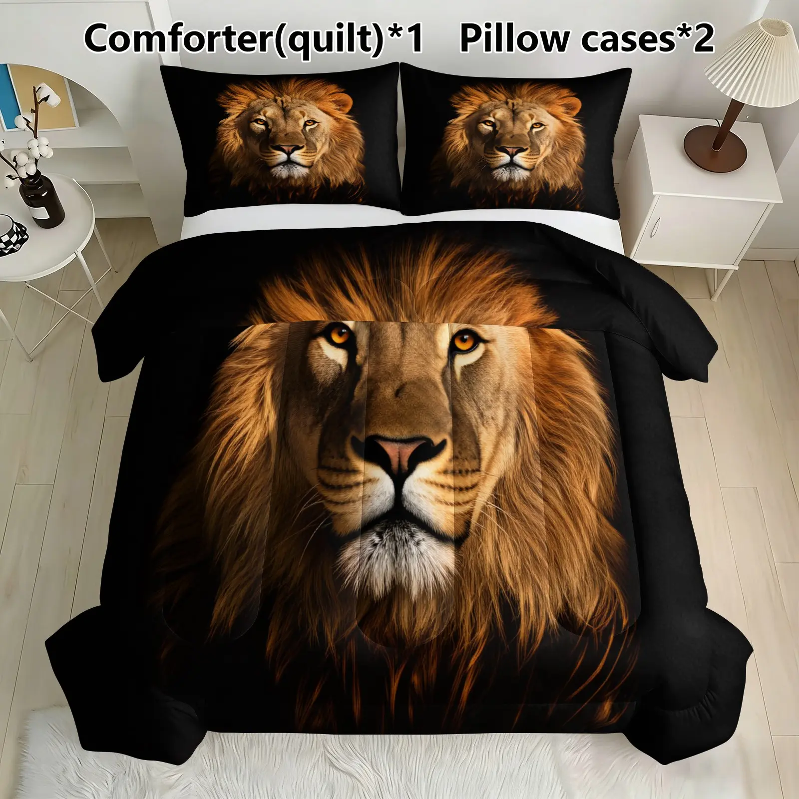 3-Piece Lion Pattern Bedding Set - Soft, Lightweight, Breathable Bedding with 200gcm Quilted Filler, Includes 1 Quilt and 2 Pillowcases (without Pillow Core) Suitable for bedroom exclusive decoration for teenagers and adults