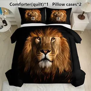 3-Piece Lion Pattern Bedding Set - Soft, Lightweight, Breathable Bedding with 200gcm Quilted Filler, Includes 1 Quilt and 2 Pillowcases (without Pillow Core) Suitable for bedroom exclusive decoration for teenagers and adults
