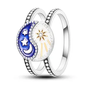 MULA Yin Yang Sun and Moon Ring, S925 Silver-plated, Enamel and Cubic Zirconia, Starry Sky Themed Jewelry, a Gift for Girls and Teens.