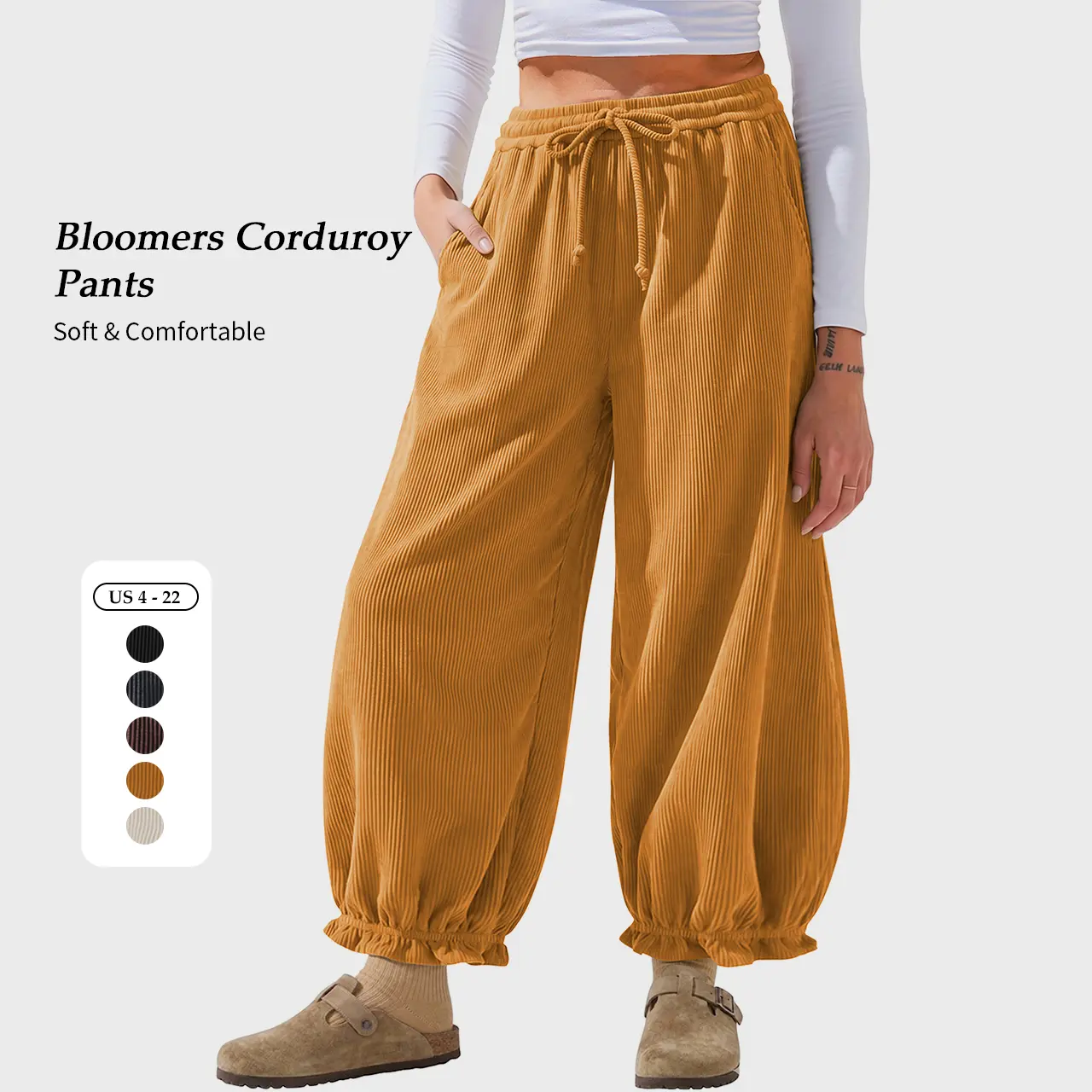 TARSE Womens Vintage Corduroy Bloomers Pants Baggy Lettuce Trim with Elastic Drawstring Waist and Pockets for Basic Everyday Wear