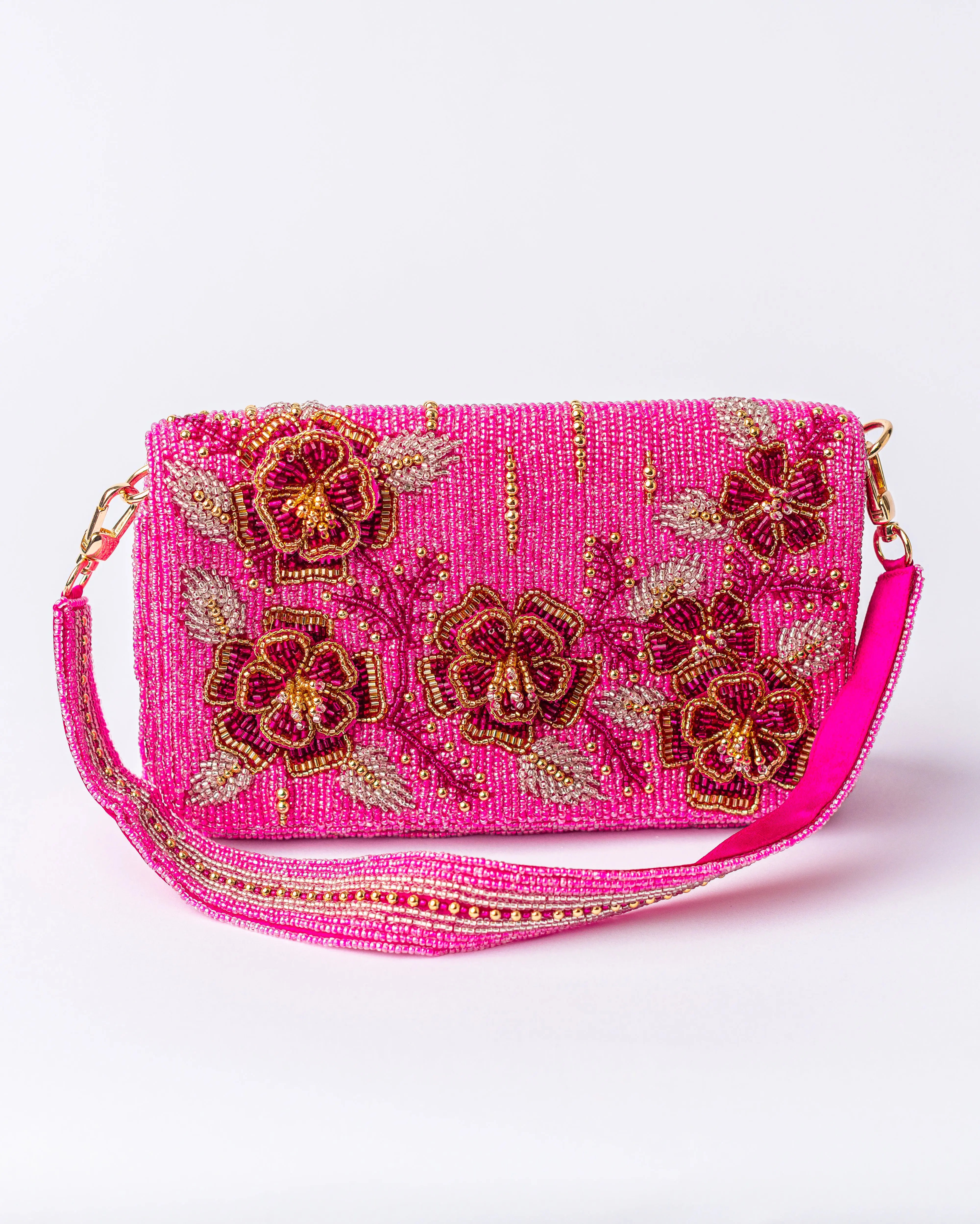 Fancy Pink Flowers Beaded Shoulder Bag - Elegant Beaded Design, Ideal for Everyday Use, Lightweight and Durable Fabric