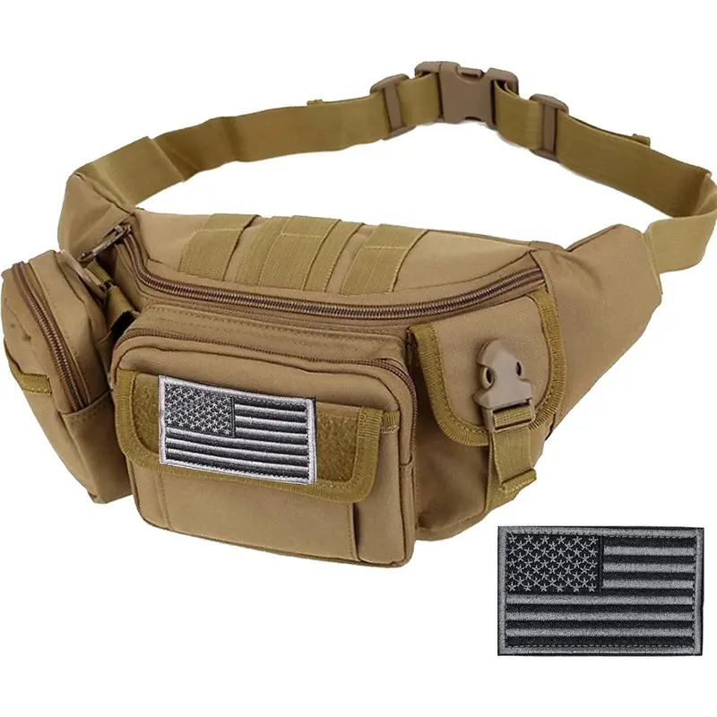 BIGWIG Tactical Fanny Pack with U.S. Patch (Tan) - Durable, Water-Repellent Military Waist Bag for Hiking Accessories, Hunting, Camping, Cycling, Mountain Outdoor Sports Gear