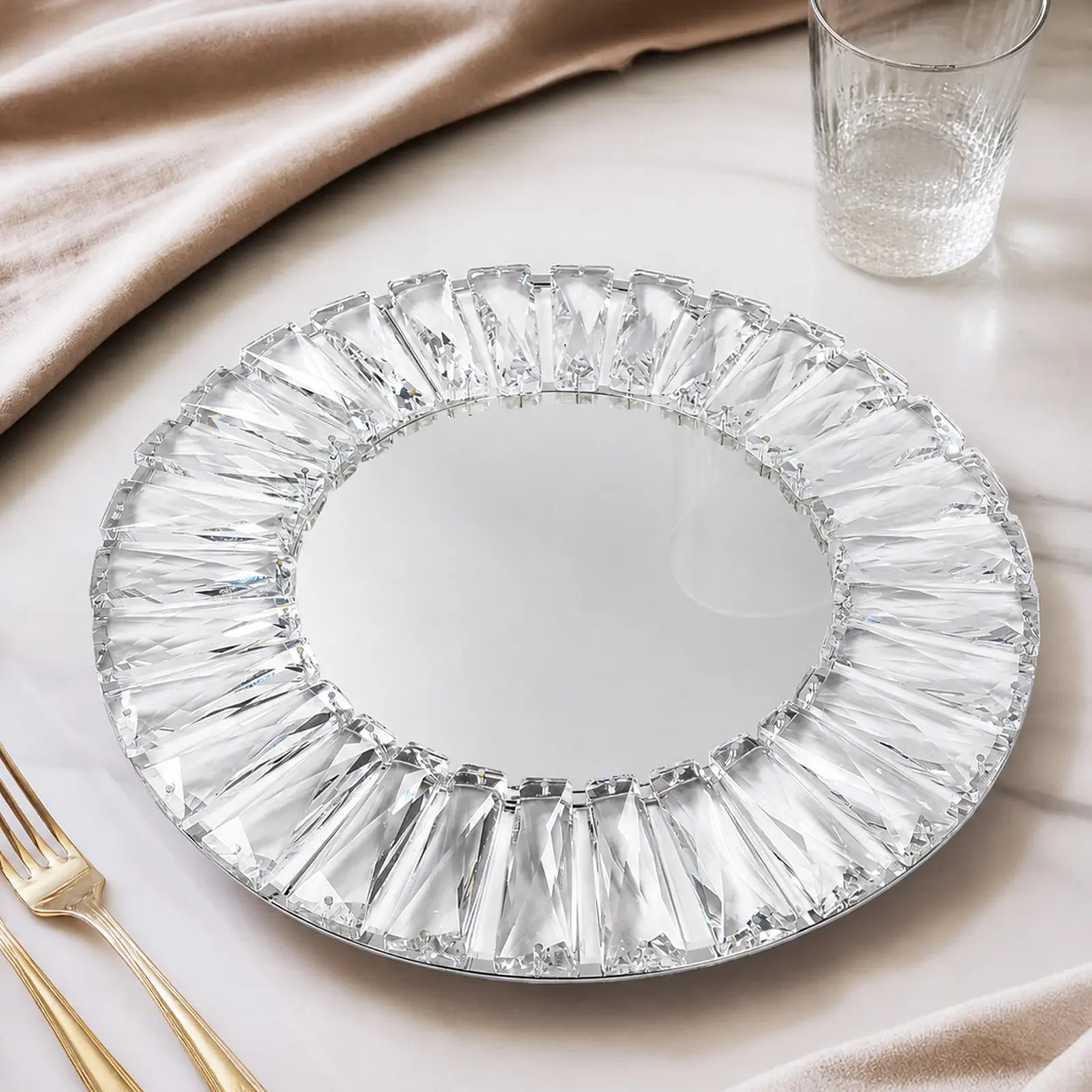 2 Pack Crystal Pendant Metal Charger Plates – 14" Round Silver Mirror Glass Decorative Table Chargers