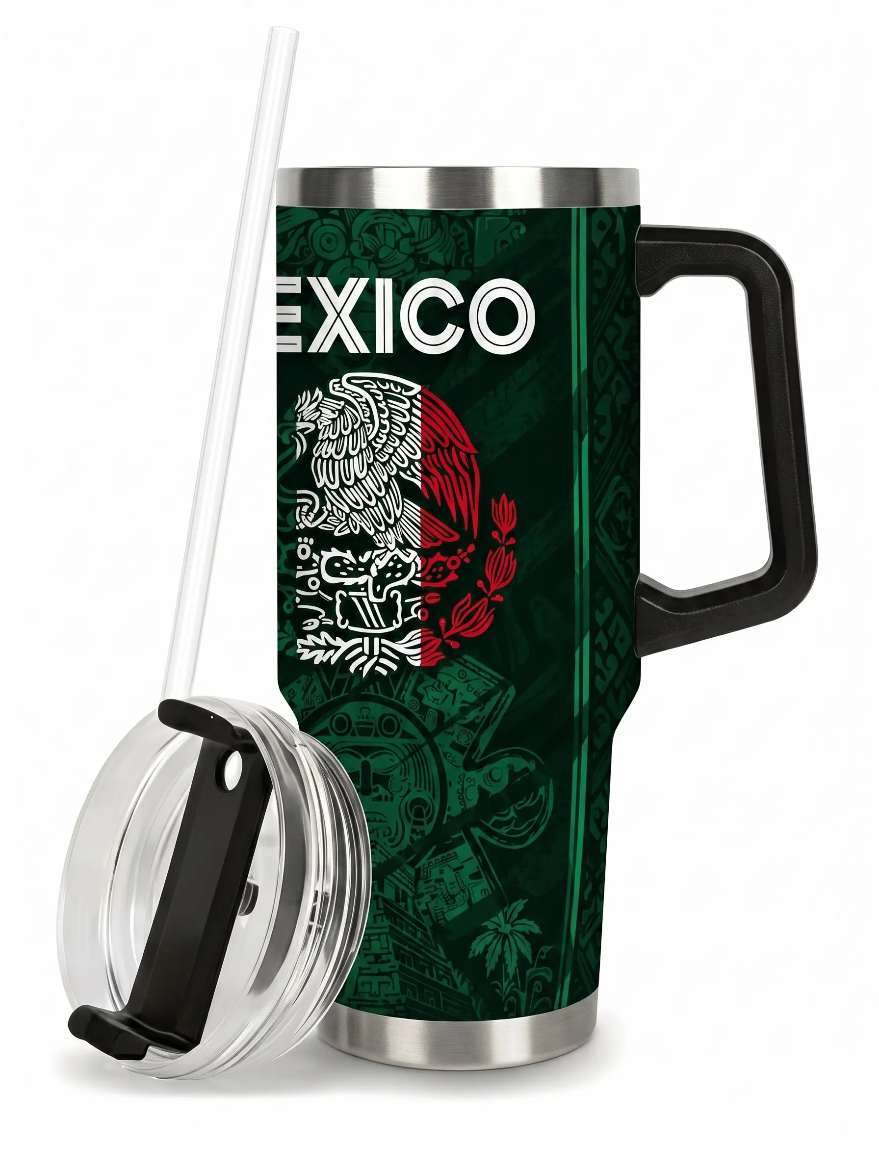 Mexico Flag Insulated Tumbler - 40oz/20oz (1,000-2,000ml) Double Wall Stainless Steel Reusable Flask with Handle, Straw, Stylish Lid, Plastic Accents, Novelty Mexican Heritage Gift for Adults, 1,000-2,000 Ml