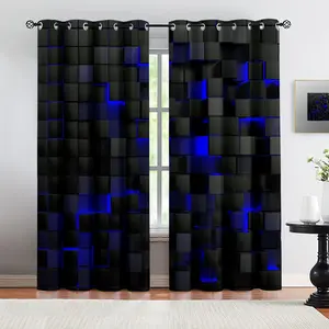 Futuristic 3D Grid Privacy Grommet Curtains, Black and Dark Gray Blocks with Illuminated Blue Accents, Modern Digital Aesthetic Blackout Curtains, Perfect for Living Rooms, Bedrooms, and Home Offices, 2-Pack, Machine Washable
