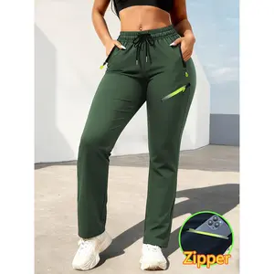 HIDKAT Women's Sporty Joggers - Solid Color, Multi-Pocket, Loose Fit, Full-Length, Elastic-Free Non-Stretch Fabric for Gym, Spring/Summer Training