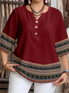 Plus Size Women's Casual Geometric Print Bohemian Style Loose Shirt, Perfect for Spring and Summer Everyday Wear