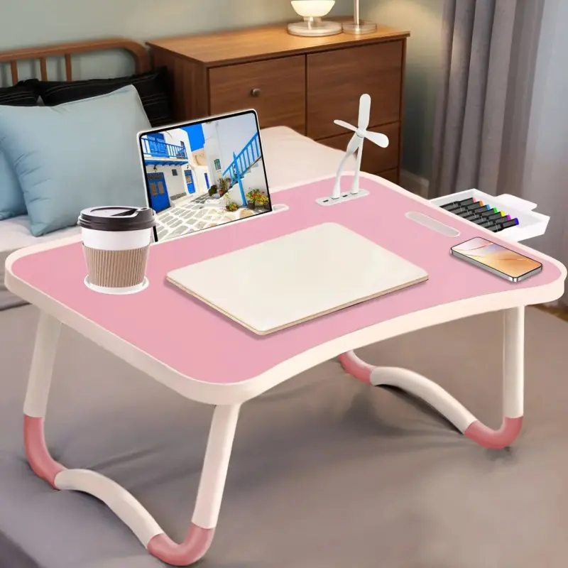 Oversized Foldable Wooden Folding Tray Table - Portable Bed Table with Cup Holder, Drawer, USB Fan, Light, Tiltable Tabletop, Sleek Black Sturdy Modern Design for Bed, Sofa Home Supplies Use