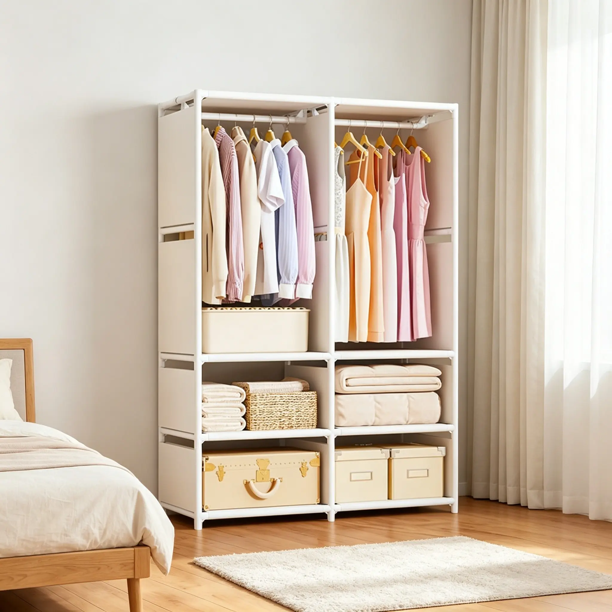 Bedroom Floor Hanging Rack, Open Closet Organizer, Simple Storage Shelf, Dust-Proof Fabric Cabinet, Multi-Layer Foldable, Essential for Dorms & Rentals