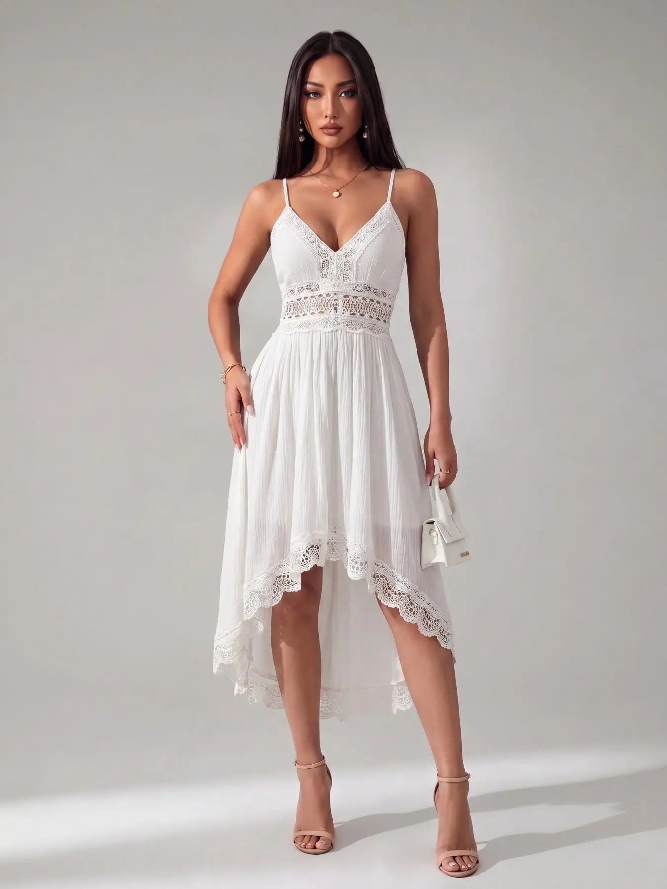 White Lace Trim Spaghetti Strap Asymmetrical Hem Flowy Boho, Bohemian, Western Coastal Cowgirl Midi Dress, Lightweight Fabric, Crochet Waist, Summer Beach Western Festivals, Feminine Silhouette, Comfortable Loose Fit, Staple for Women