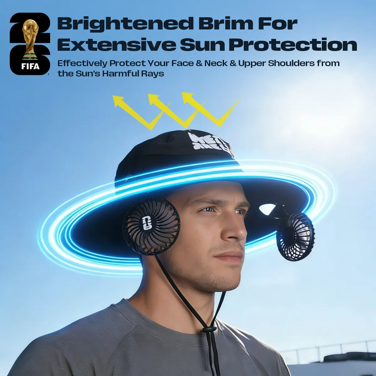 2026 FIFA World Cup Officially Licensed 2-in-1 Fan Hat, Wide Brim Sun Protection Bucket Hat with Detachable 3-Speed Neck Fan for Stadium, Fishing & Outdoor Use