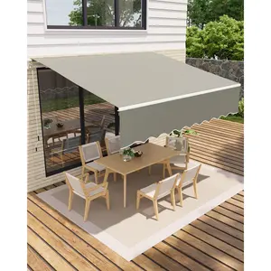 Manual Retractable Patio Awning, Waterproof Fade & Tear Resistant 280g/m² Premium Polyester Fabric, Reinforced Sturdy Aluminum Frame with Crank Handle, Outdoor Sun Shade for Deck, Porch, Balcony, Garden and Outdoor Dining Area