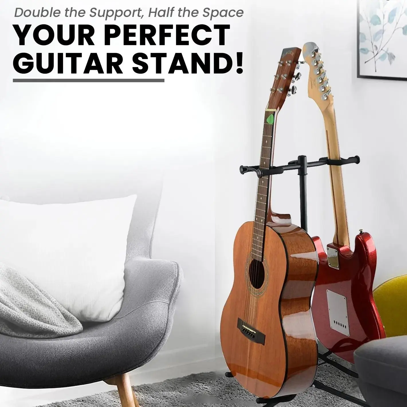 1Pcs Compact Adjustable Double Guitar Floor Stand with Neck Holder - Folding Portable Black Universal 2.5 lb Rack, Fits 17-25.5 Inches Acoustic, Electric, Classical Instruments & Bass, Home Organizer for 2 Guitars