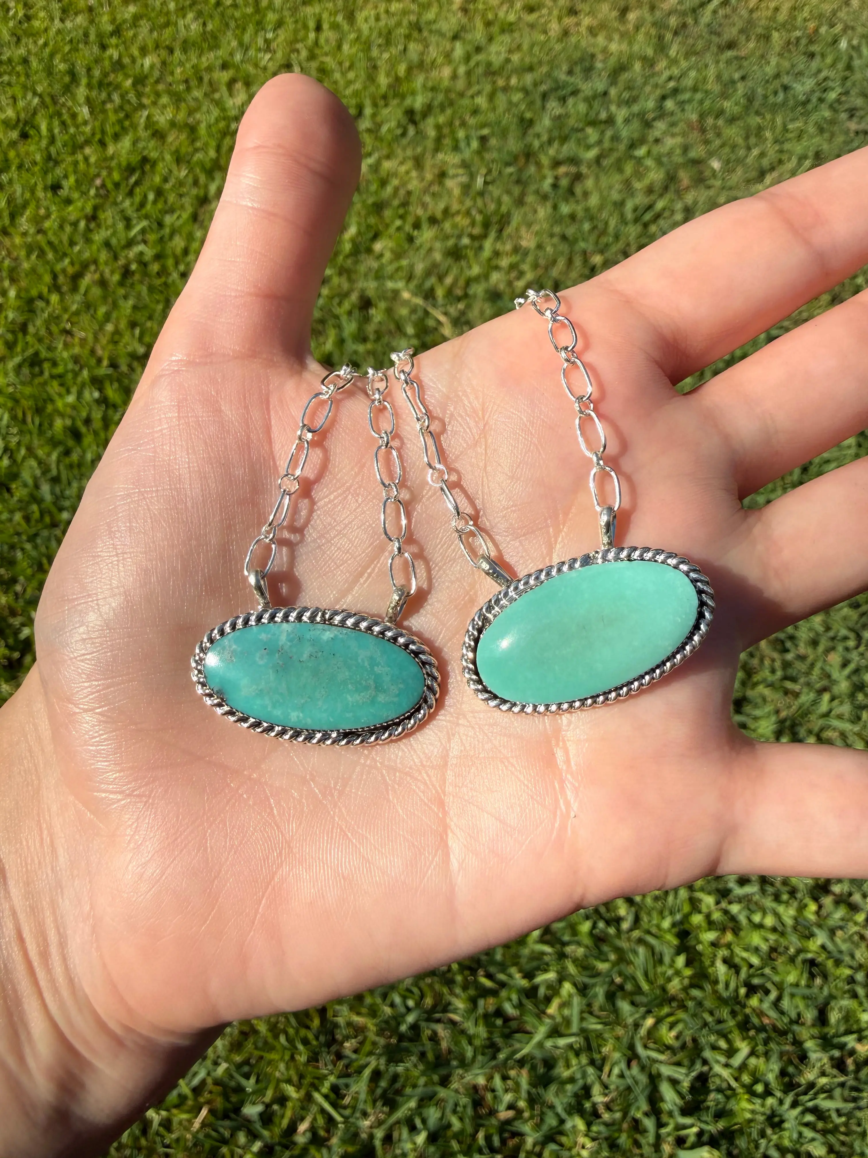 Navajo Classic Turquoise Oval Bar Sterling Silver Necklace