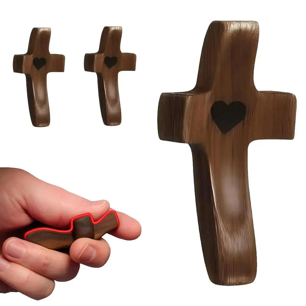 Wooden Holding Cross with Heart - Handheld Prayer Palm Cross for Anxiety Relief & Comfort - Religious Faith Gift for Men and Women