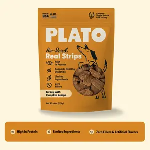 Plato Natural Turkey Strips with Pumpkin Dog Treats, Healthy Digestion Support, Strip-Shape Chews for Dogs