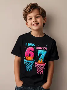 I was 6 Now I'm 7 Funny 67 Meme Ice Cream Drip Basketball Series Kids T-Shirt |   Casual Wear, Crew Neck, Slight Stretch Fabric, Perfect for Boys and Girls, Suitable for Birthday Gifts and Daily Wear